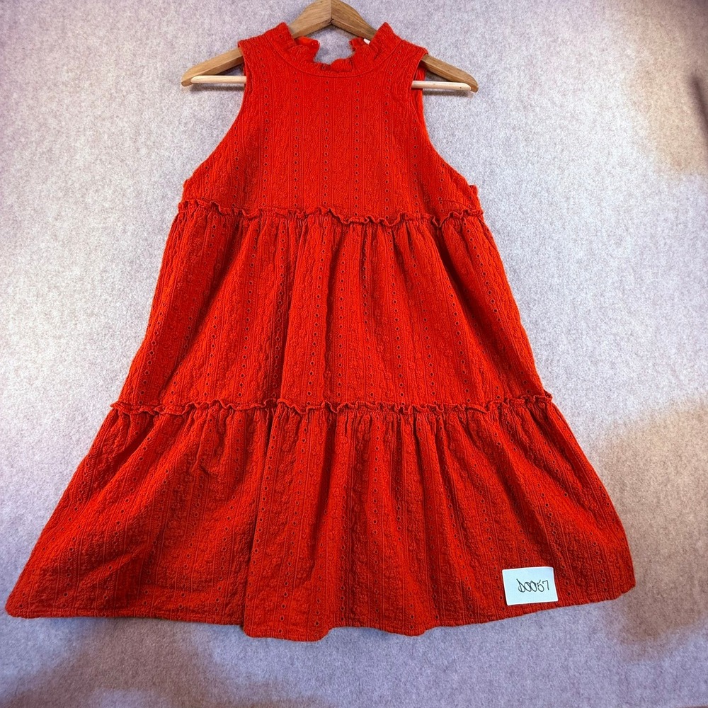 DO+BE Red Eyelet Embroidered Tiered Babydoll Mini Dress High Neck Sleeveless